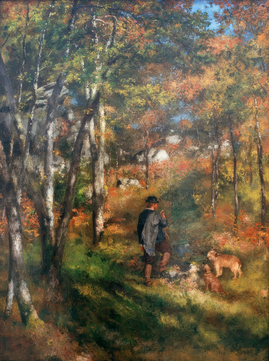 Taidemaalari Jules Le Coeur ja hänen koiransa Fo metsässä tekijältä Pierre Auguste Renoir