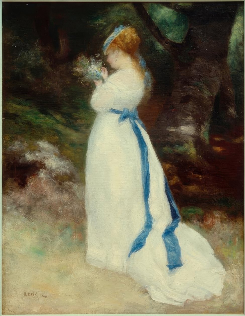 Lise kukkakimpun kanssa pellolla tekijältä Pierre Auguste Renoir