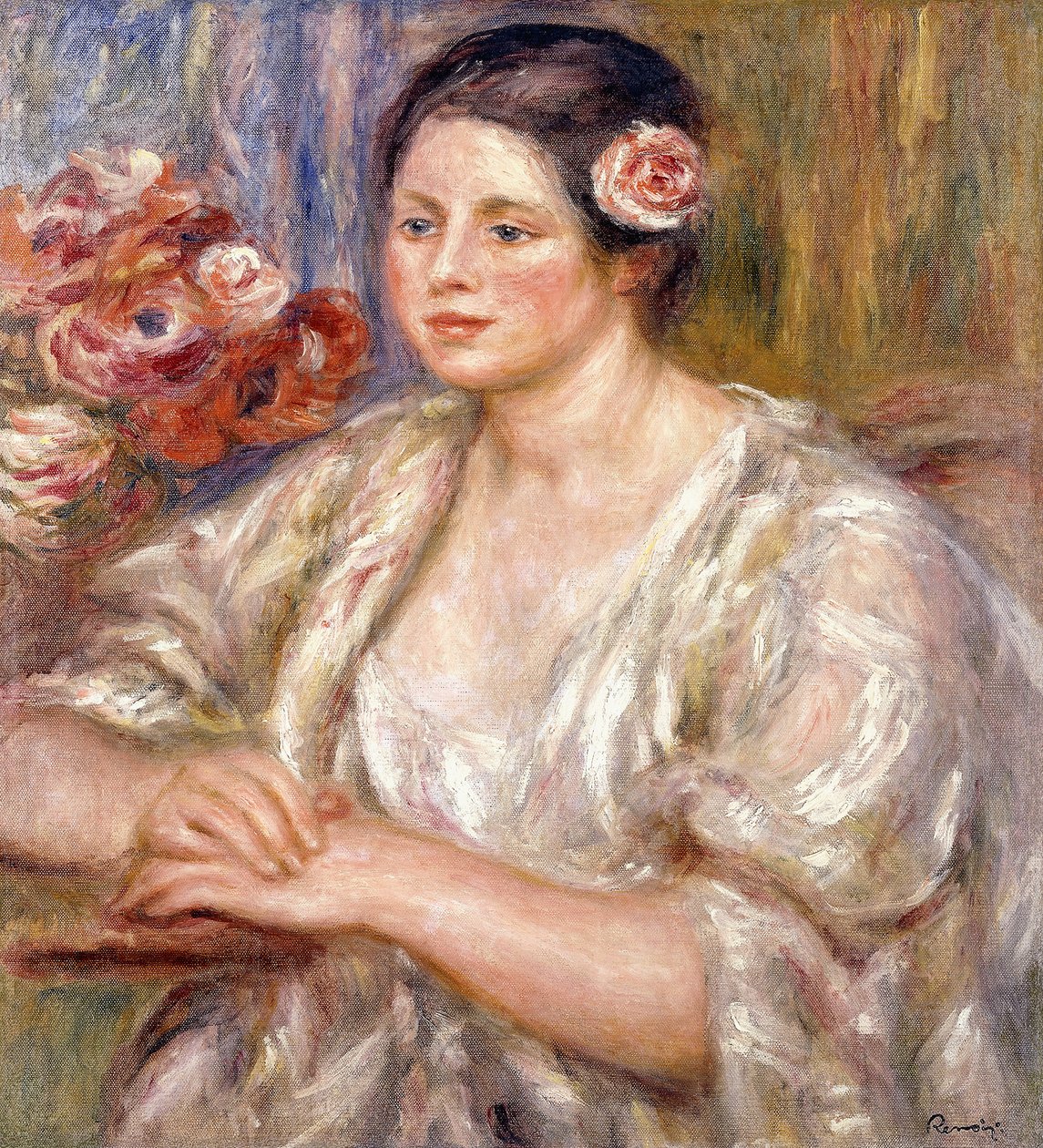 Madeleine valkoisessa puserossa ja kukkakimpussa, n. 1915-1919 tekijältä Pierre Auguste Renoir