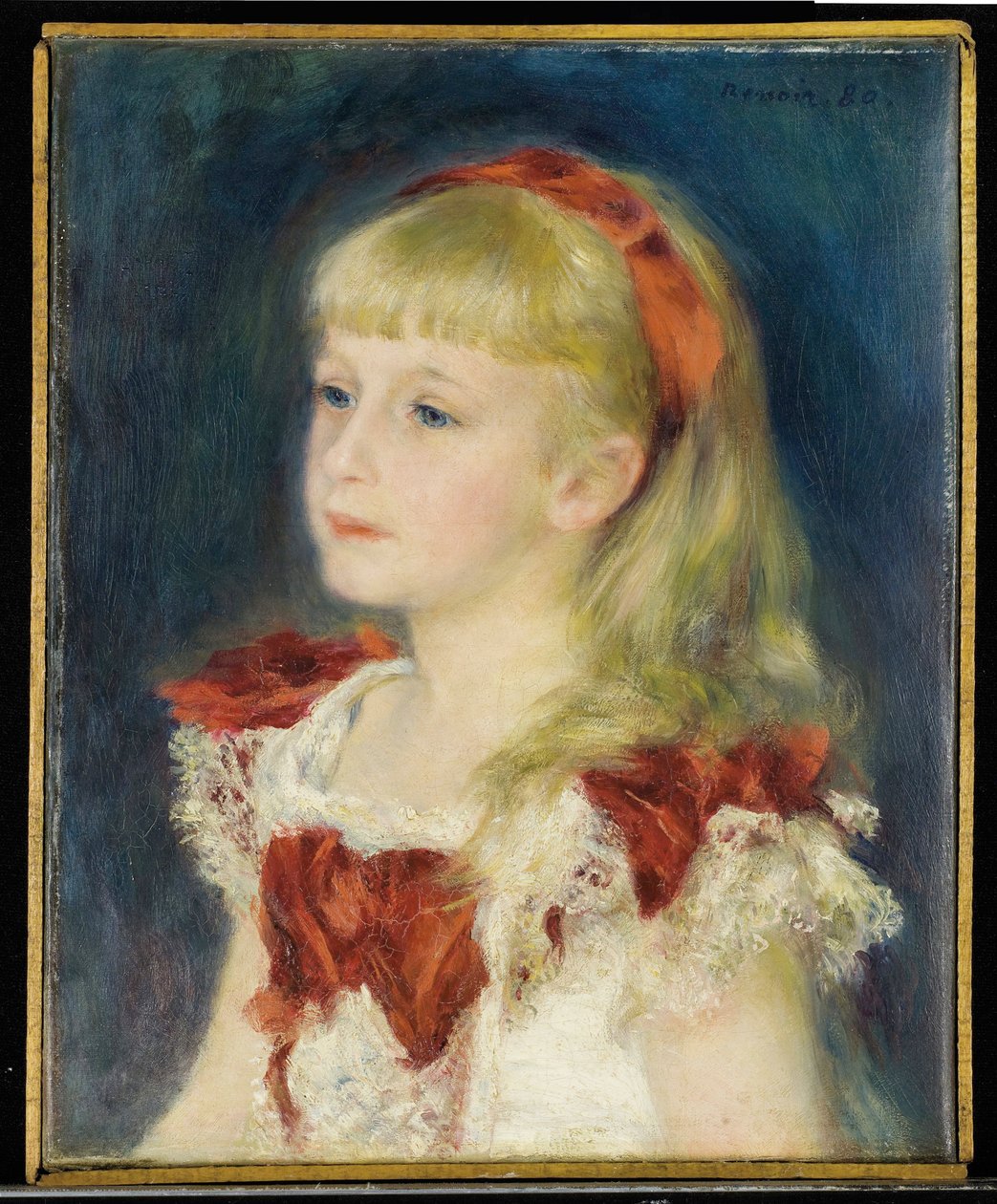 Mademoiselle Grimprel punaisella nauhalla (Helene Grimprel, noin 1873-?) - Pierre Auguste Renoirin (1841-1919) maalaus, öljy kankaalle (45x35 cm) tekijältä Pierre Auguste Renoir