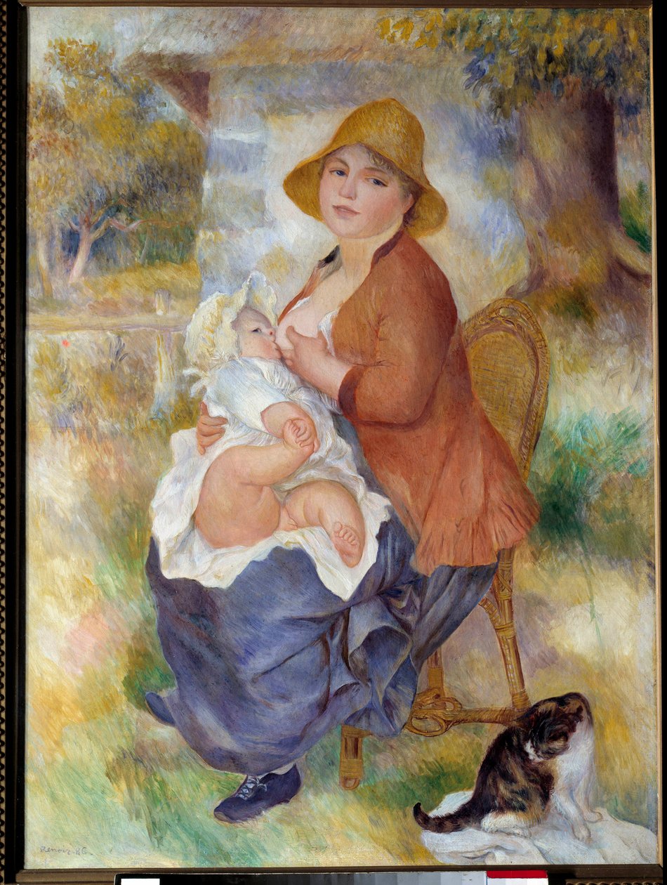 Äitiys sanoo myös lapsen rinnassa. Pierre Auguste Renoirin (1841-1919) maalaus tekijältä Pierre Auguste Renoir