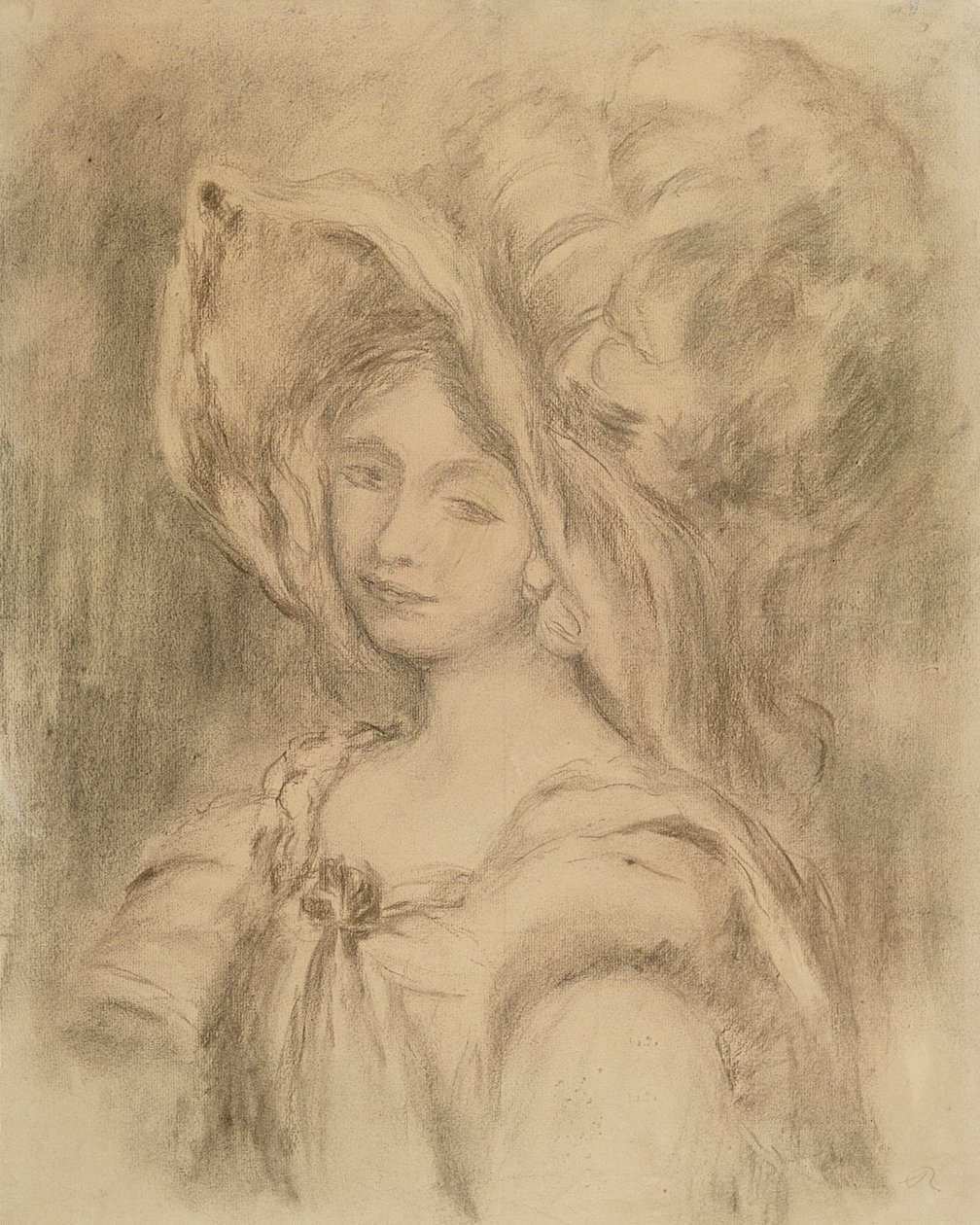 Rouva Dieterle hatussa, n. 1896 (hiili paperilla) tekijältä Pierre Auguste Renoir