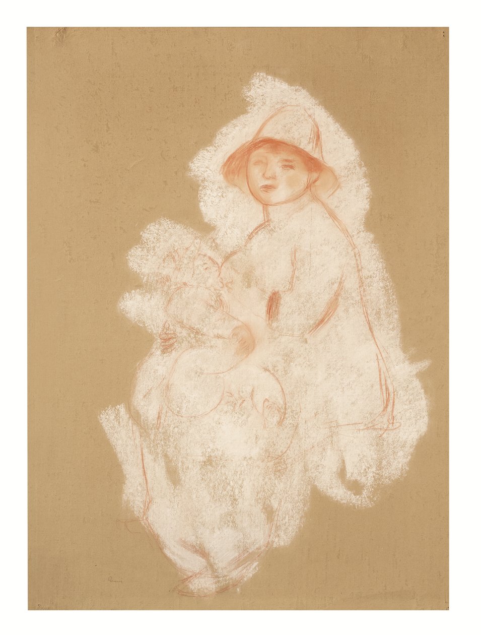 Äiti ja lapsi (Äitiys) (sanguine ja valkoinen liitu paperille kankaalle levitettynä) tekijältä Pierre Auguste Renoir