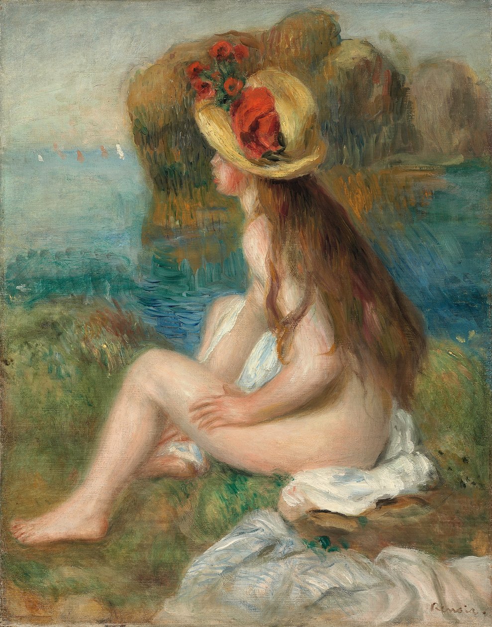 Alaston olkihattu meren rannalla, 1892 tekijältä Pierre Auguste Renoir