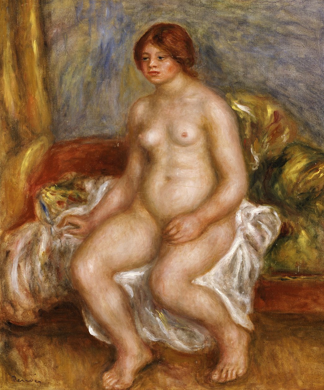 Alaston nainen vihreillä tyynyillä, 1909 tekijältä Pierre Auguste Renoir