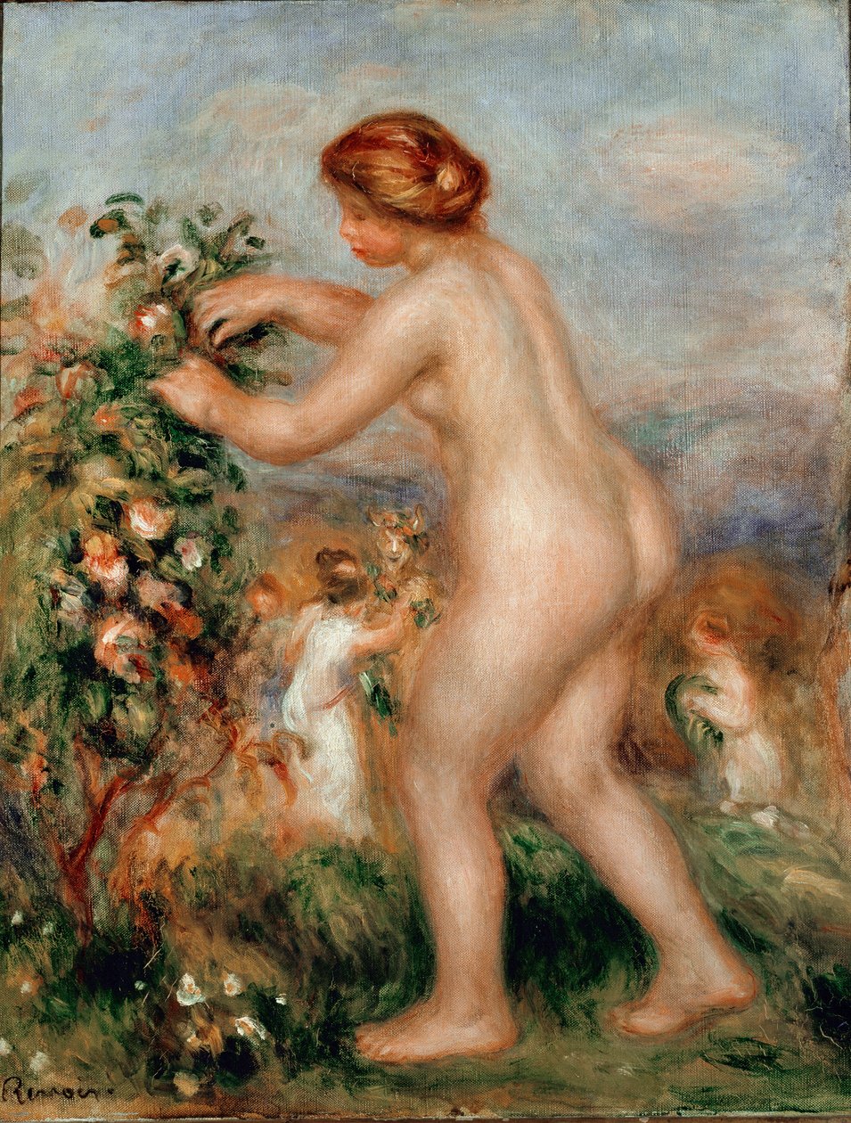 Oodi kukille. Ruusuja luova alaston nainen on ruusupuu. Pierre Auguste Renoirin maalaus (Pierre-Auguste tekijältä Pierre Auguste Renoir