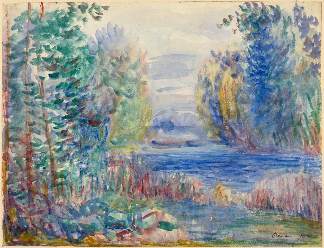 ""Paysage de riviere"" (jokimaisema) Pierre Auguste Renoirin (1841-1919) akvarelli 1890 Koko 25,4x33,8 cm Albertina, Wien tekijältä Pierre Auguste Renoir