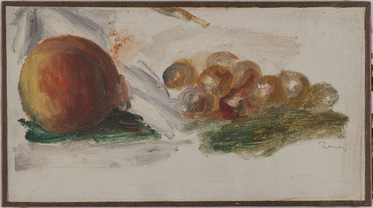 Persikoita ja viinirypäleitä, n. 1914 (öljy paperille kankaalle). tekijältä Pierre Auguste Renoir