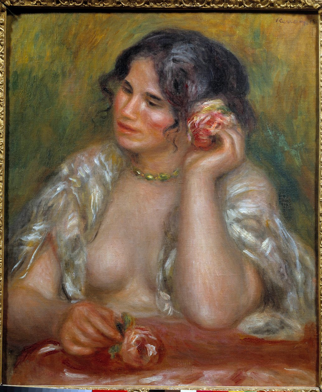 Muotokuva Gabriellesta ruusun kanssa (1878 - 1959). Pierre Auguste Renoirin (1841-1919) maalaus tekijältä Pierre Auguste Renoir