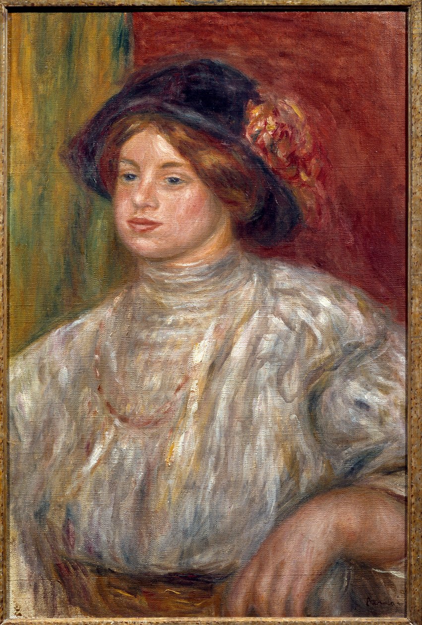 Muotokuva Gabriellesta hatun kanssa, n. 1915 (öljy kankaalle) tekijältä Pierre Auguste Renoir