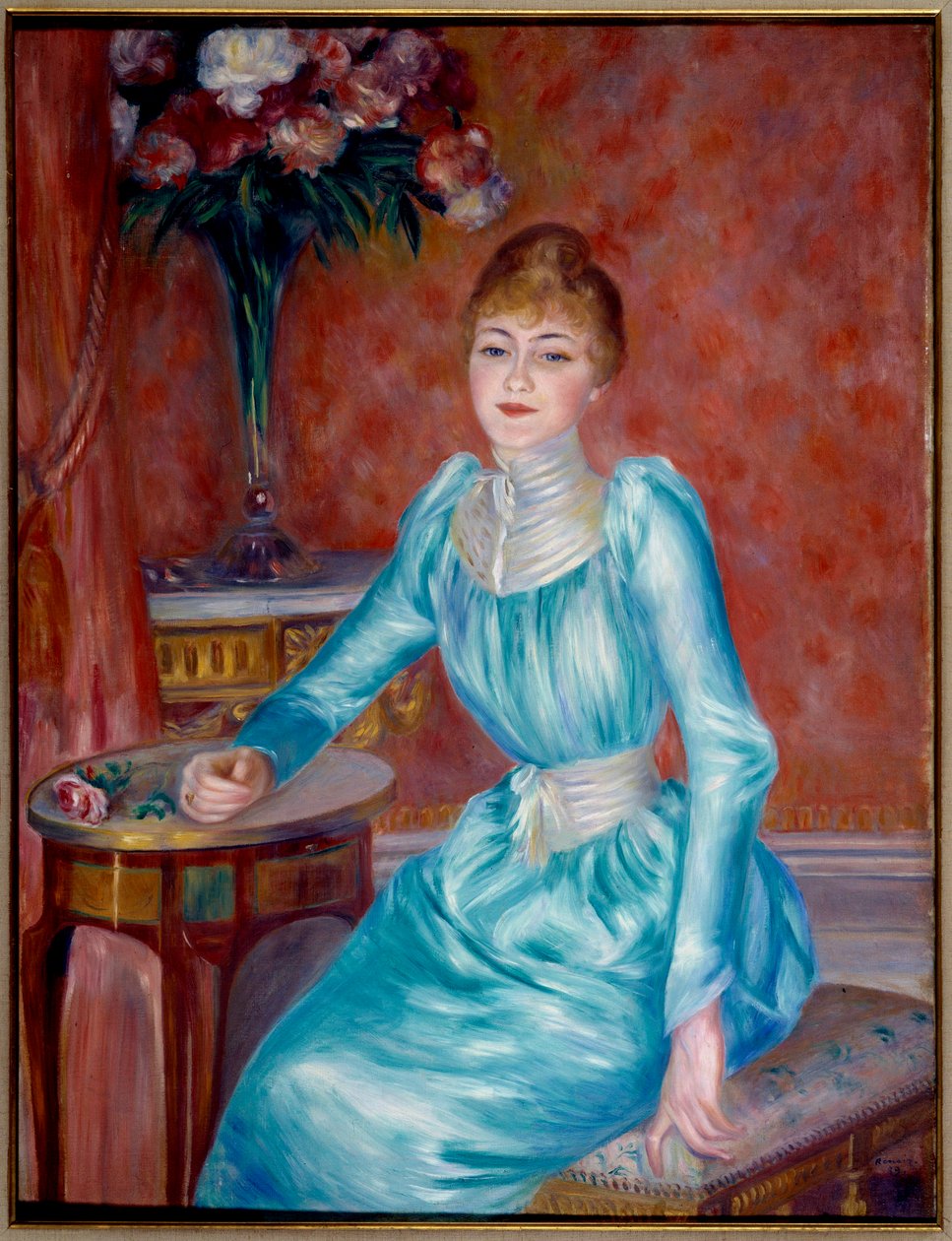 Madame de Bonnieresin muotokuva. Henriette de Bonnieres (1854-1906), kirjailijan ja Figaro de Bonnieresin (1850-1905) kriitikon vaimo. Pierre Auguste Renoirin (1841-1919) maalaus 1889 Su. 1,17x0,89 m Pariisi, Musee du Petro Palais tekijältä Pierre Auguste Renoir