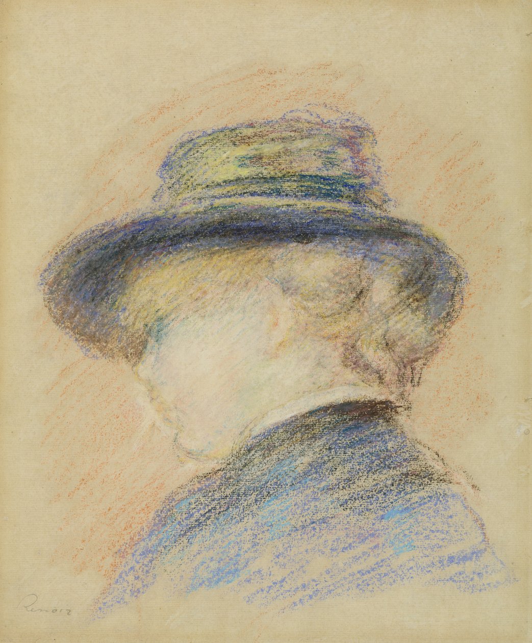 Nuoren sinihattupäisen naisen profiili (pastelli paperille) tekijältä Pierre Auguste Renoir
