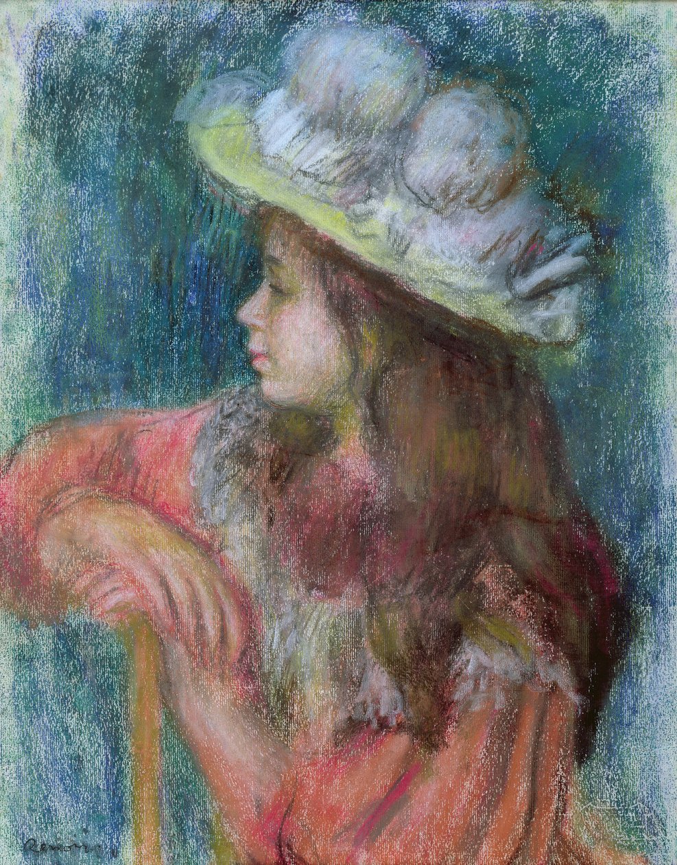 Istuva nuori tyttö valkoisella hatussa, 1884 (pastelli paperille) tekijältä Pierre Auguste Renoir