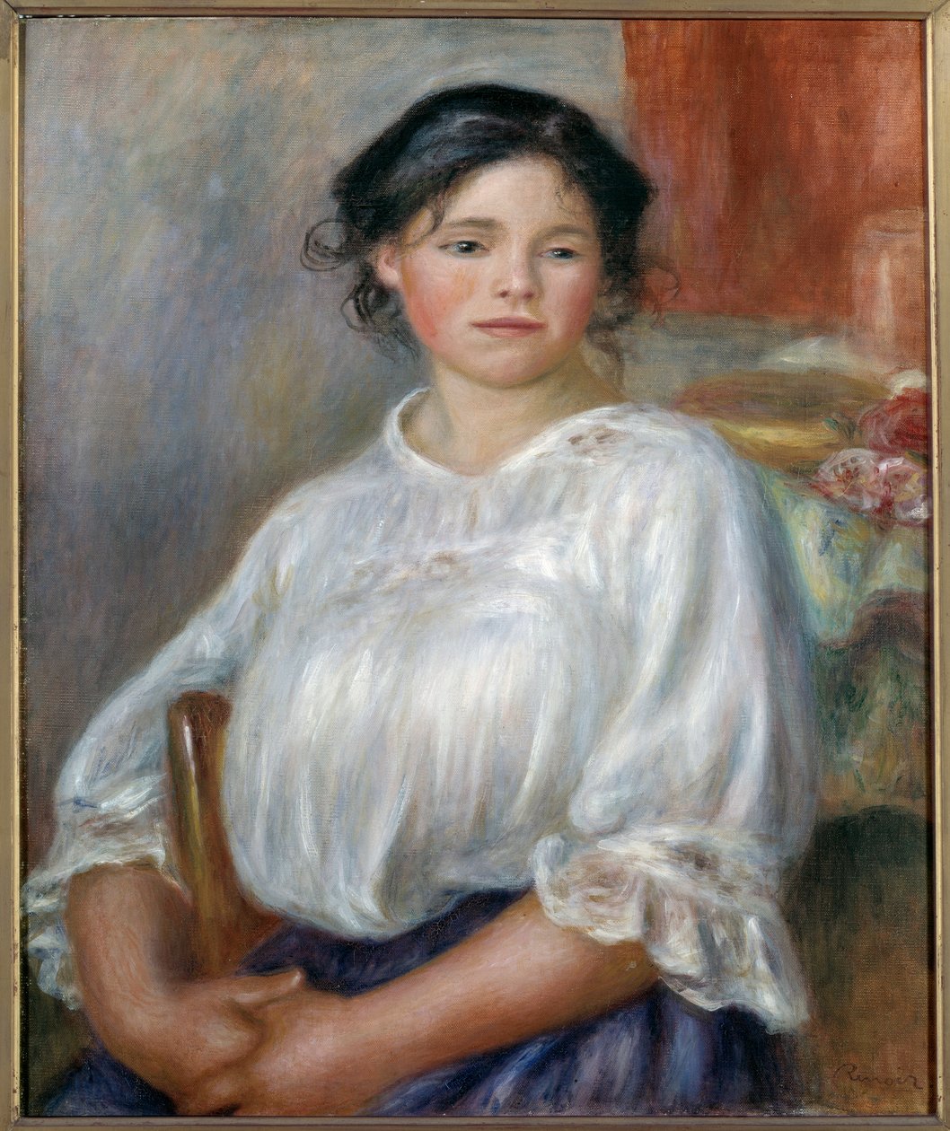 Istuu nuori tyttö. Noin 1909. Pierre Auguste Renoirin (1841-1919) maalaus tekijältä Pierre Auguste Renoir