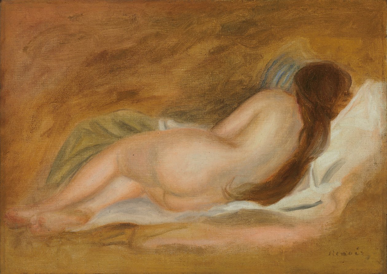 Nukkuva alastonkuva, takanäkymä, okratausta; Alaston sohva, takaa katsottuna, okralla taustalla, n. 1885 tekijältä Pierre Auguste Renoir