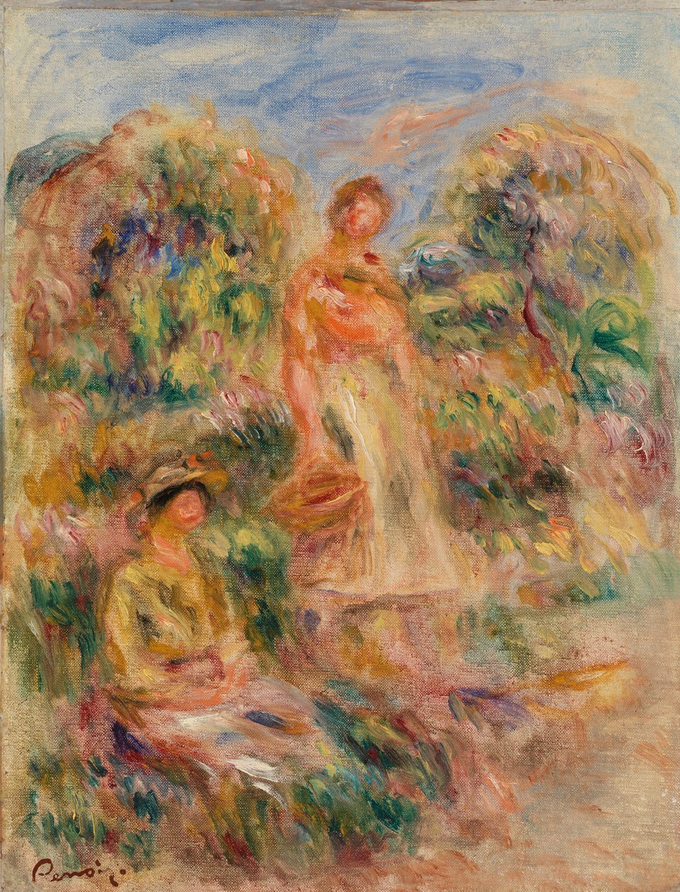 Seisova nainen ja istuva nainen maisemassa tekijältä Pierre Auguste Renoir