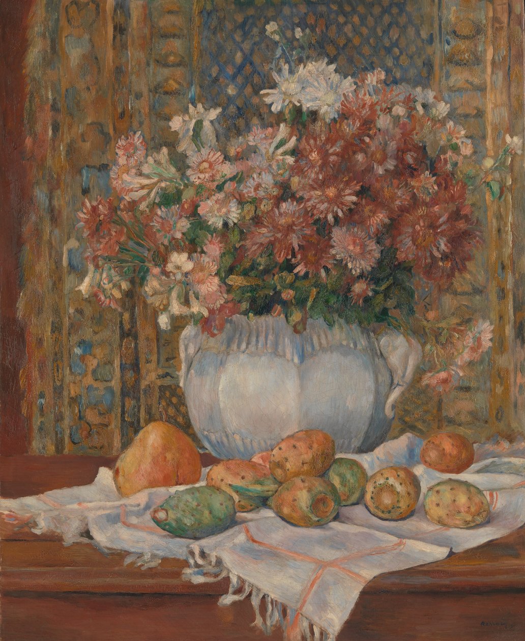 Asetelma kukkien ja viikunapärynöiden kanssa, n. 1885. tekijältä Pierre Auguste Renoir