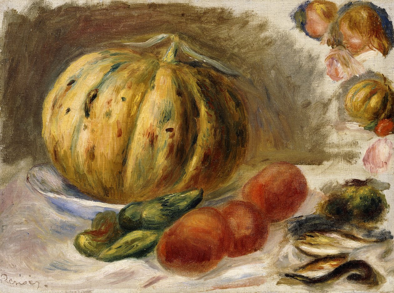 Asetelma melonin ja tomaattien kanssa; Nature Morte au Melon et Tomates, n. 1900 tekijältä Pierre Auguste Renoir