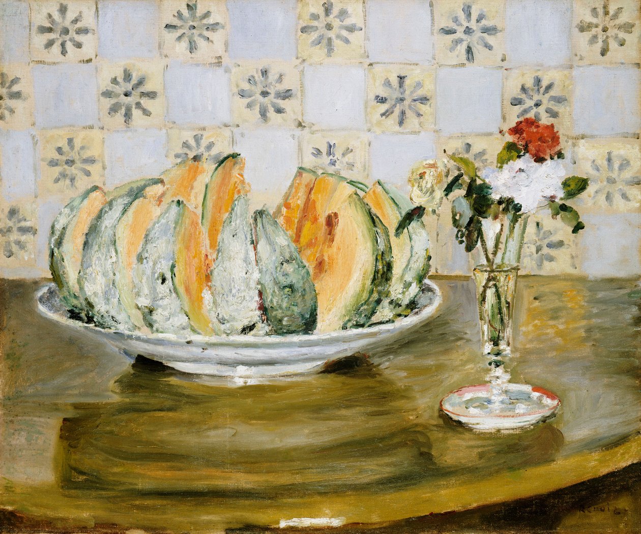 Melonin asetelma ja kukkamaljakko, n.1872 tekijältä Pierre Auguste Renoir