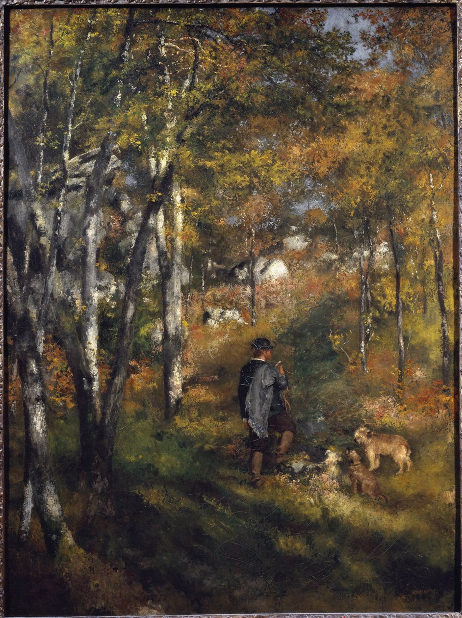 Taidemaalari Jules Le Coeur koirien kanssa Fontainebleaun metsässä Pierre-Auguste Renoirin (1841-1919) maalaus 1866, koko 105x79 cm, Sao Paulo, taidemuseo, Brasilia tekijältä Pierre Auguste Renoir