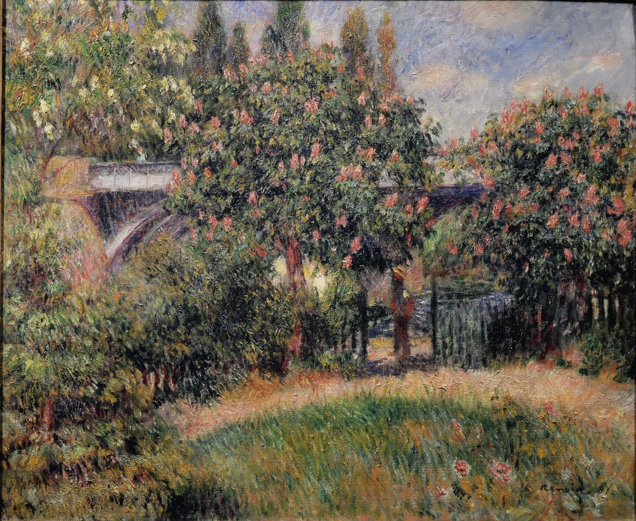 Chatoun rautatiesilta tai vaaleanpunaiset kastanjapuut - 1881. Öljy kankaalle tekijältä Pierre Auguste Renoir