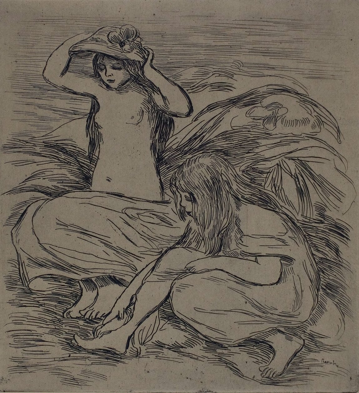 Kaksi naista uimassa, noin 1895 (etsaus ruskealle paperiarkille). tekijältä Pierre Auguste Renoir