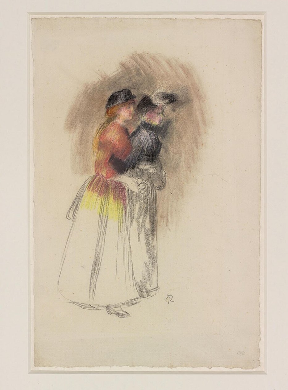 Kaksi naista kävelee oikealle, noin 1890 (mustaliitu ja pastelli). tekijältä Pierre Auguste Renoir