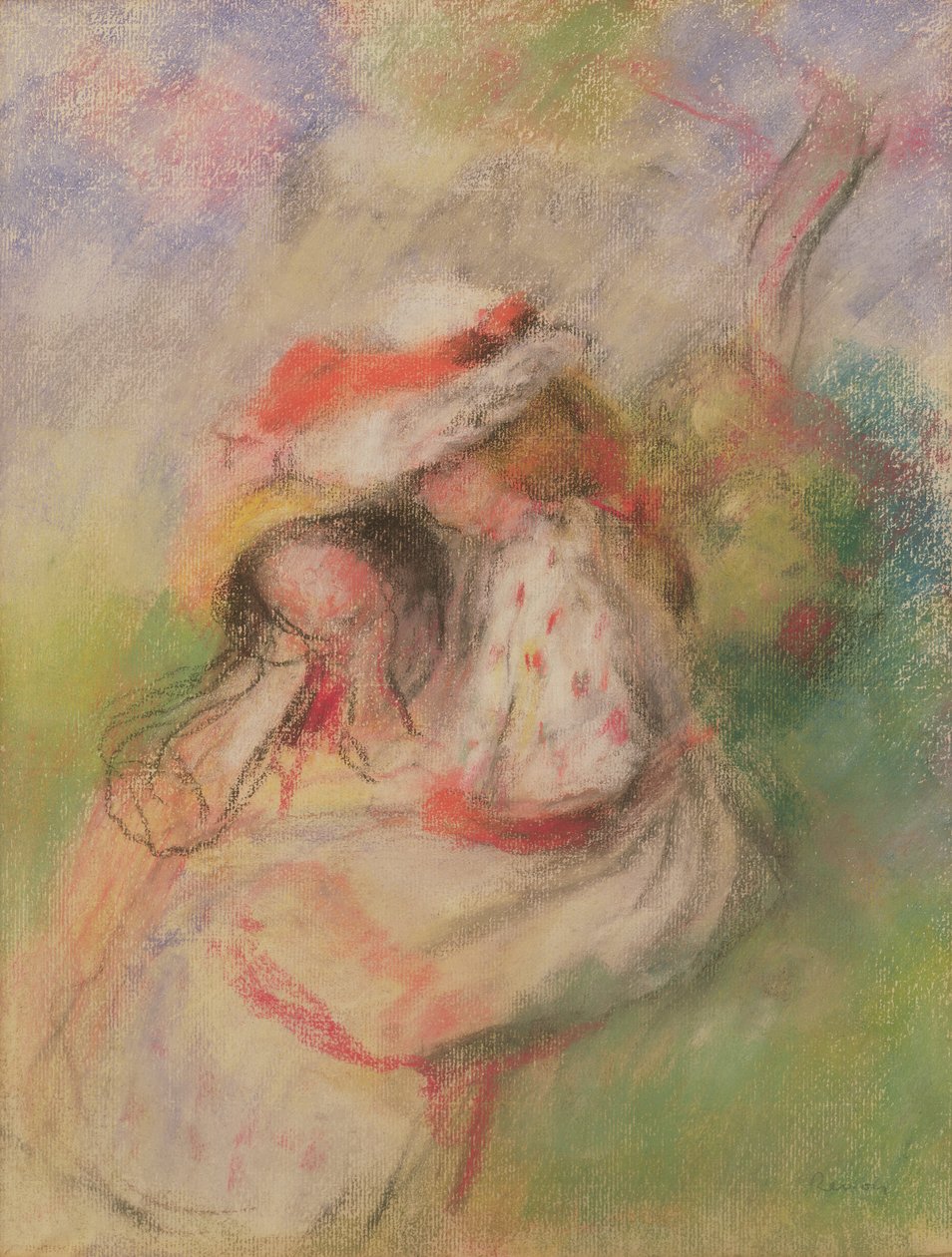 Kaksi nuorta tyttöä puutarhassa, n. 1885 (pastelli) tekijältä Pierre Auguste Renoir