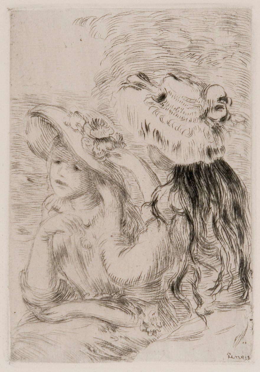 Kaksi nuorta tyttöä kiinnittelemässä kukkia hattuihinsa, c1897. tekijältä Pierre Auguste Renoir