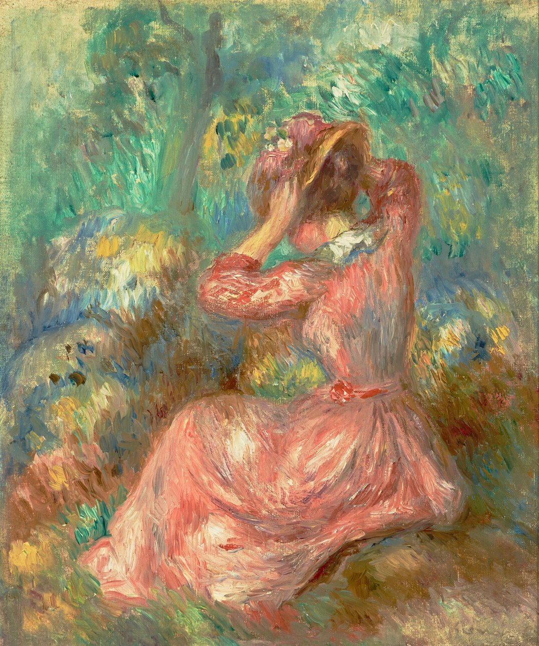 Nainen järjestelee hattuaan 1890 (Öljy kankaalle) tekijältä Pierre Auguste Renoir