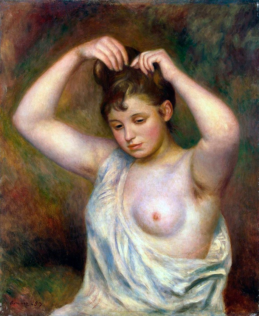 Nainen järjestämässä hiuksiaan, 1887. tekijältä Pierre Auguste Renoir