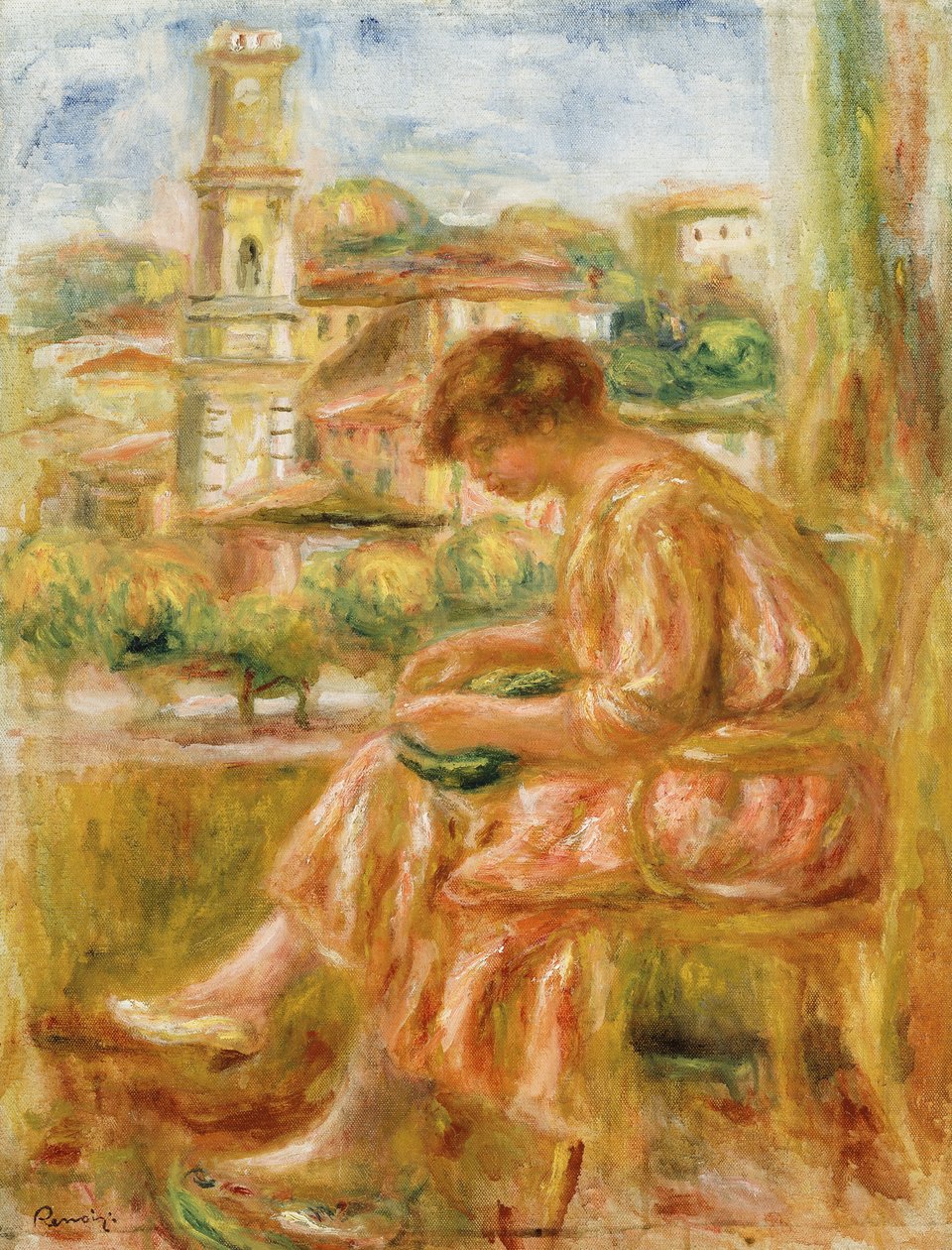 Nainen ikkunassa näkymän vanhaan Nizzaan, 1918 tekijältä Pierre Auguste Renoir