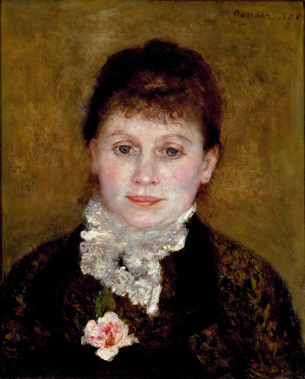 Naisella on valkoinen kaulus. Muotokuva naisesta ruusun kanssa tekijältä Pierre Auguste Renoir