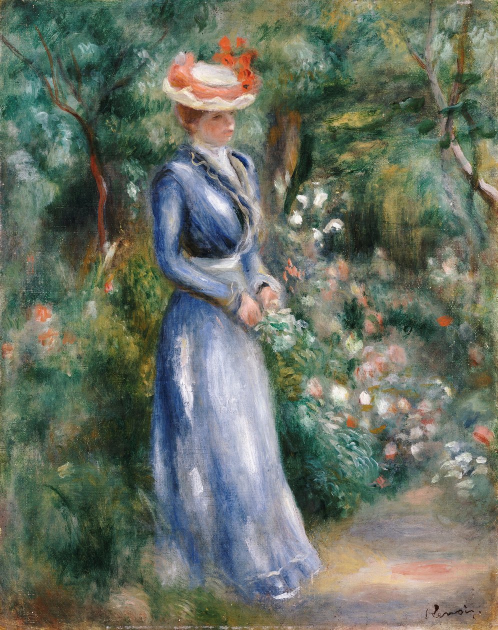 Nainen sinisessä mekossa seisoo puutarhassa Saint-Cloudissa tekijältä Pierre Auguste Renoir