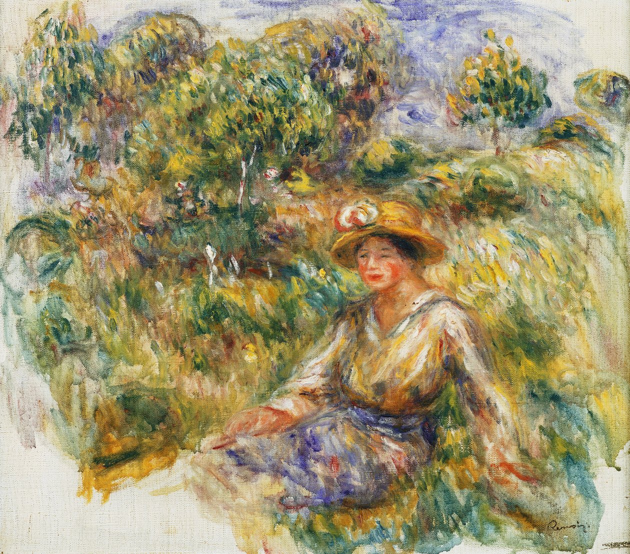 Nainen sinisessä hatussa istumassa nurmikolla; Nainen sinisessä hatussa istumassa nurmikolla, n. 1916 tekijältä Pierre Auguste Renoir