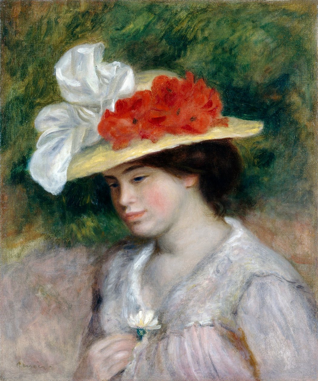 Nainen kukkahattu, 1889 tekijältä Pierre Auguste Renoir