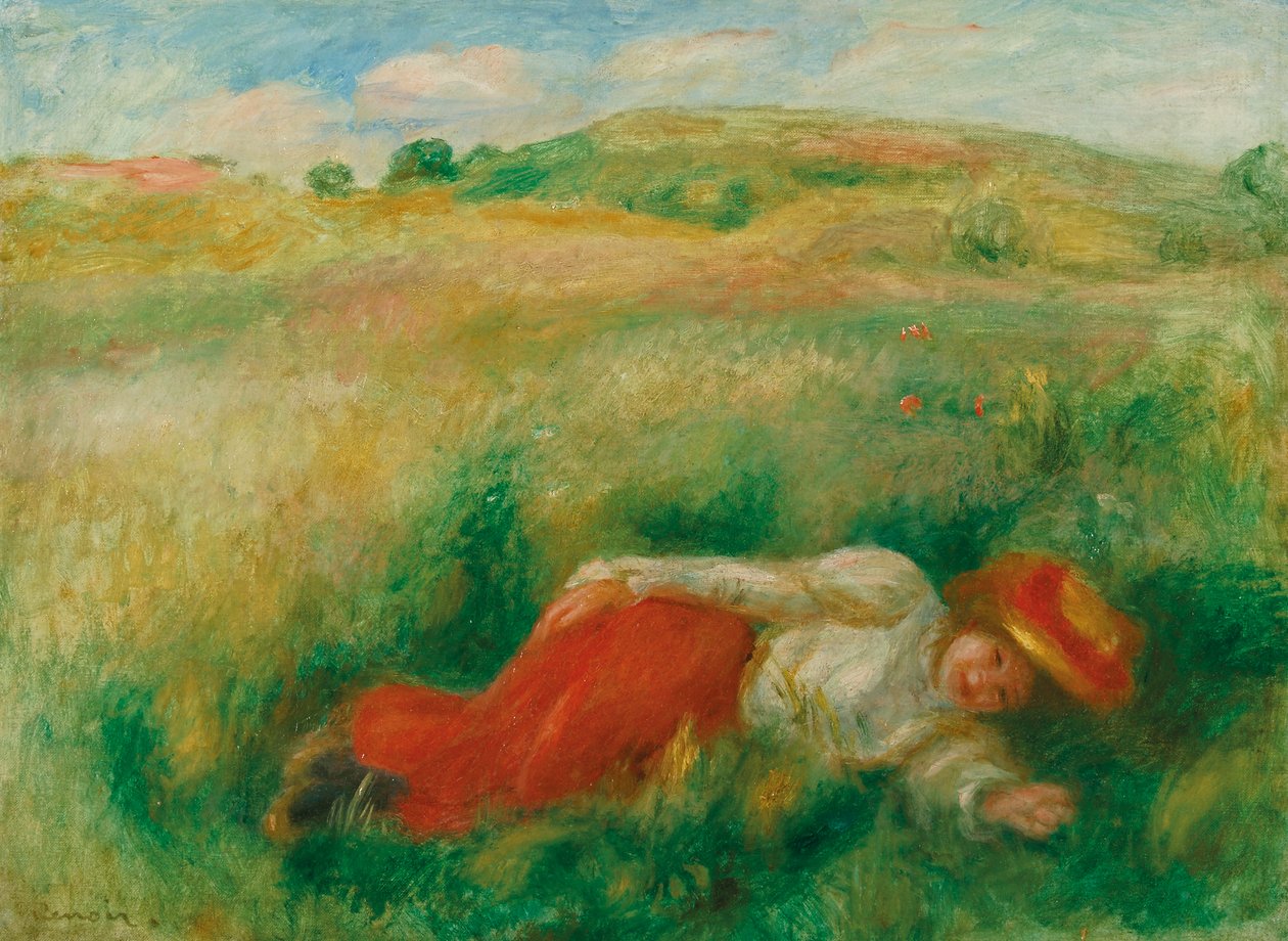 Nainen istuu nurmikolla tekijältä Pierre Auguste Renoir