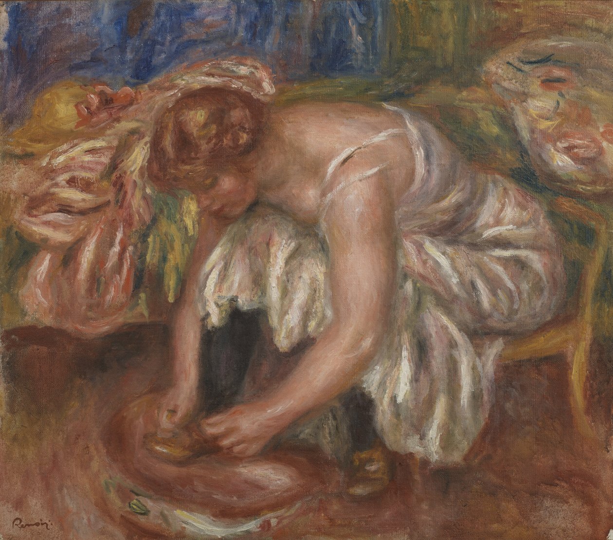 Nainen sitomassa kenkiään, n. 1918 tekijältä Pierre Auguste Renoir