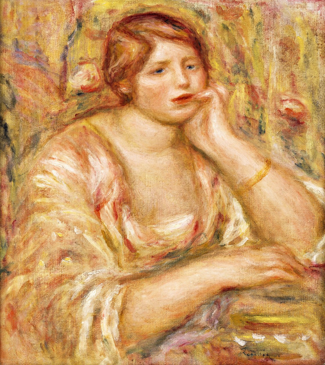 Nainen käsi kasvoillaan; Femme de Face, Accoudee, 1919 tekijältä Pierre Auguste Renoir