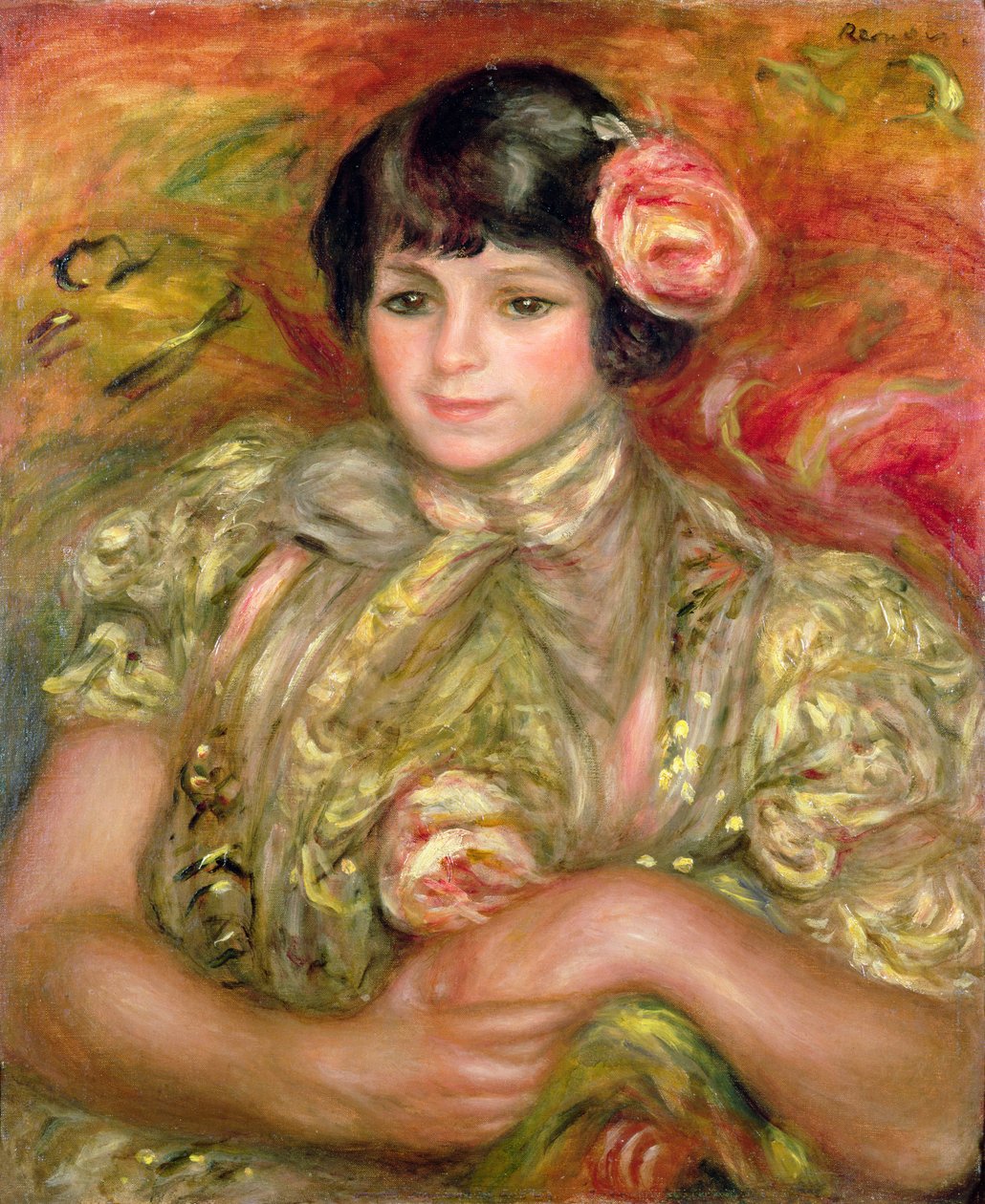 Nainen ruusun kanssa tekijältä Pierre Auguste Renoir