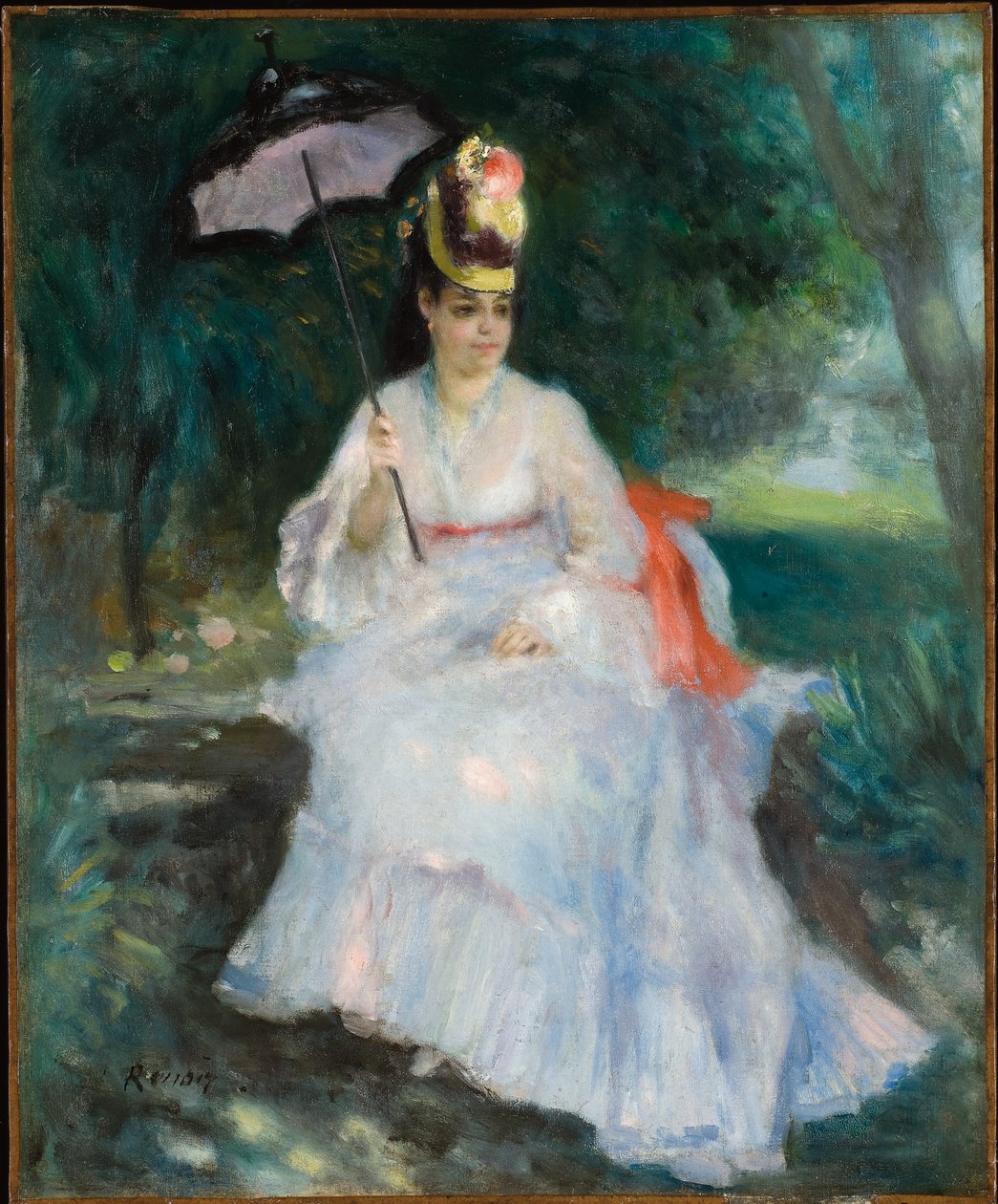 Nainen, jolla on aurinkovarjo istumassa puutarhassa (Lise Trehot) tekijältä Pierre Auguste Renoir