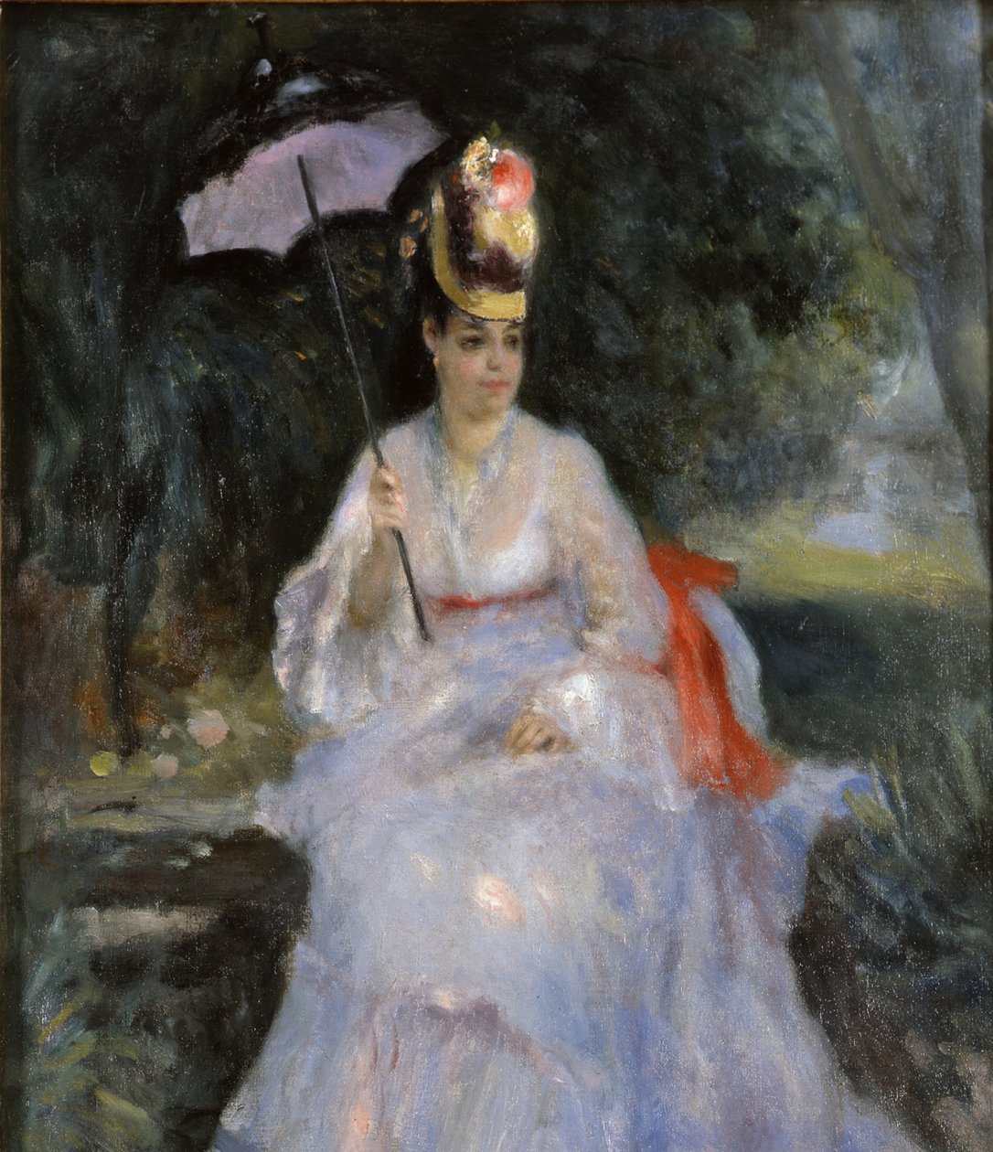 Nainen aurinkovarjoineen istumassa puutarhassa, 1872 tekijältä Pierre Auguste Renoir