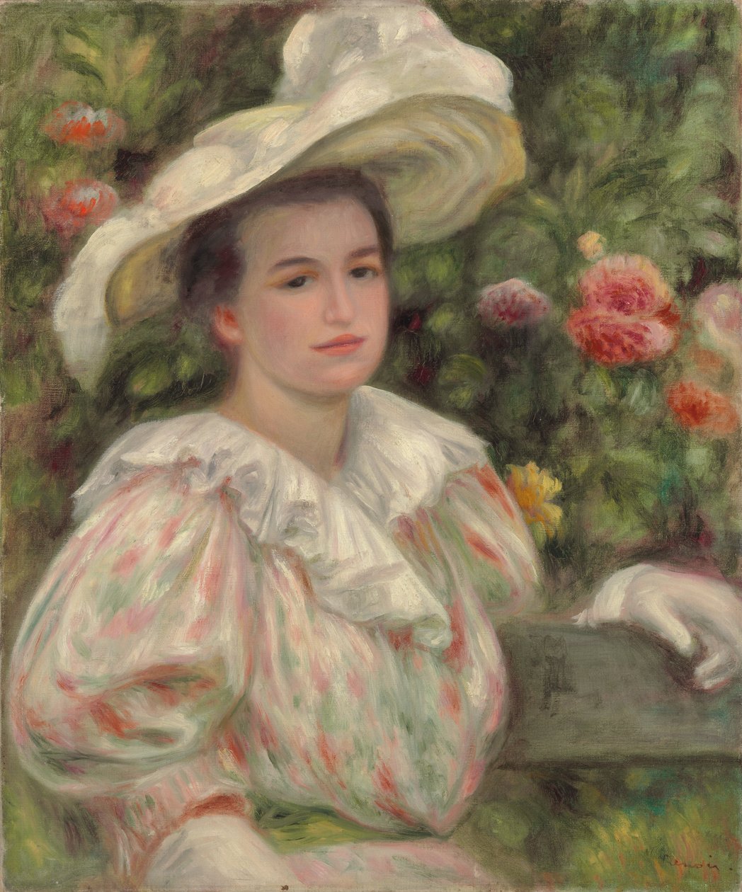 Nuori tyttö kukkien joukossa tai nainen, jolla on valkoinen hattu; Nuori tyttö kultakukissa Nainen valkoisella hatussa, n. 1895 tekijältä Pierre Auguste Renoir