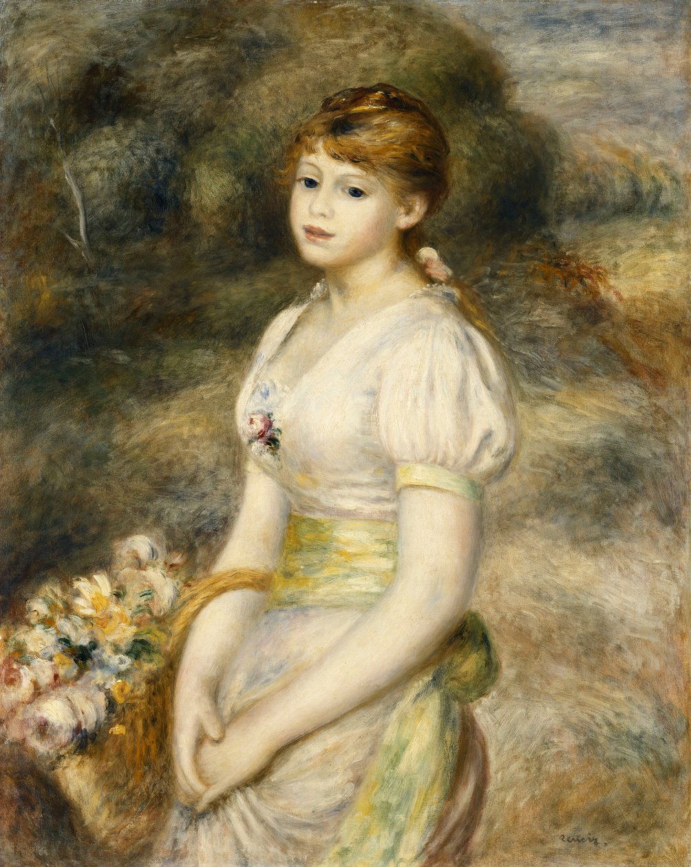 Nuori tyttö kantaa kukkakoria; Nuori tyttö kantaa kukkakoria, 1888 tekijältä Pierre Auguste Renoir