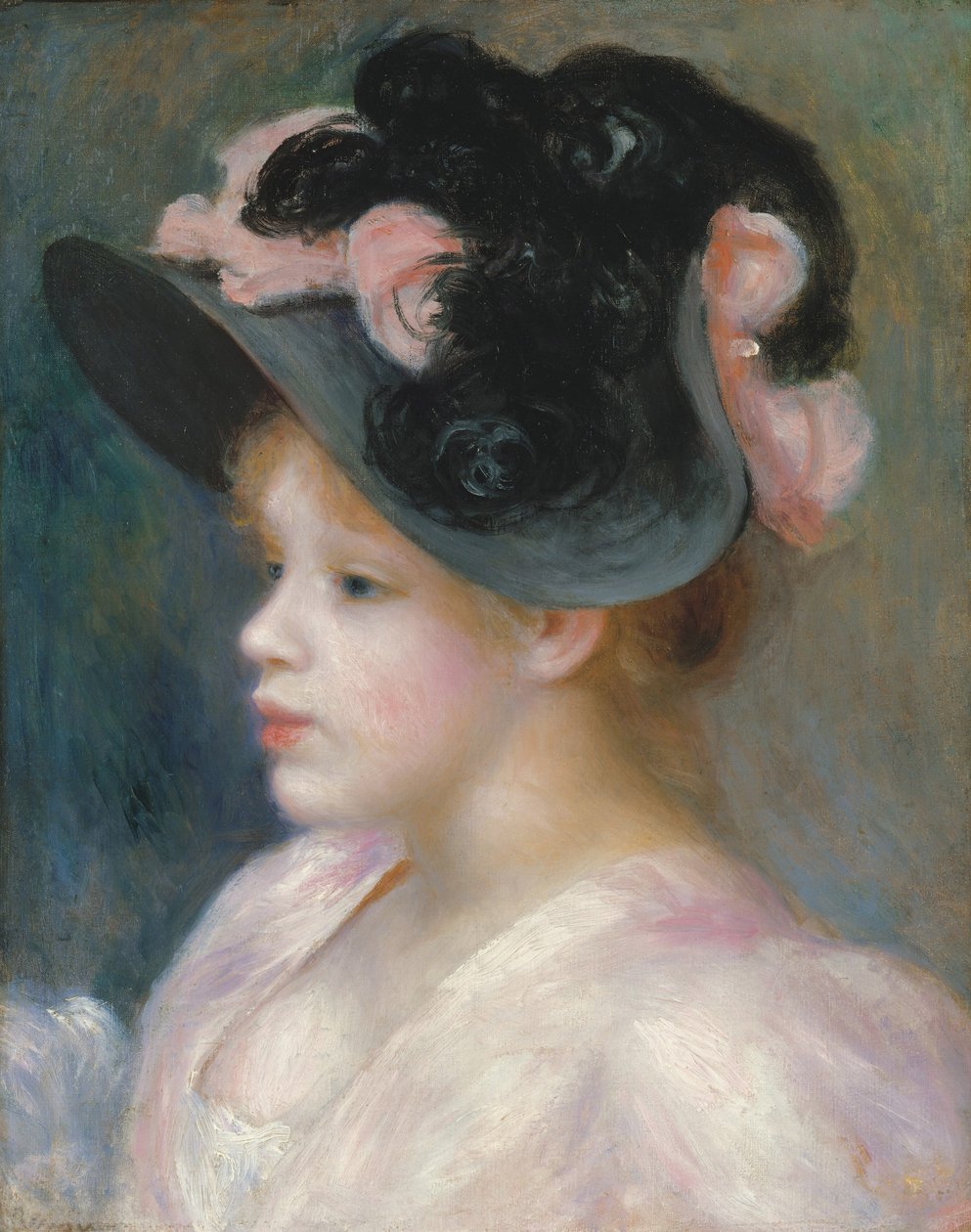 Nuori tyttö vaaleanpuna-mustassa hatussa, noin 1891 tekijältä Pierre Auguste Renoir