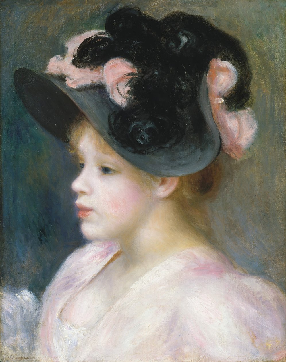 Nuori tyttö vaaleanpunaisessa ja mustassa hatussa, n. 1891. tekijältä Pierre Auguste Renoir