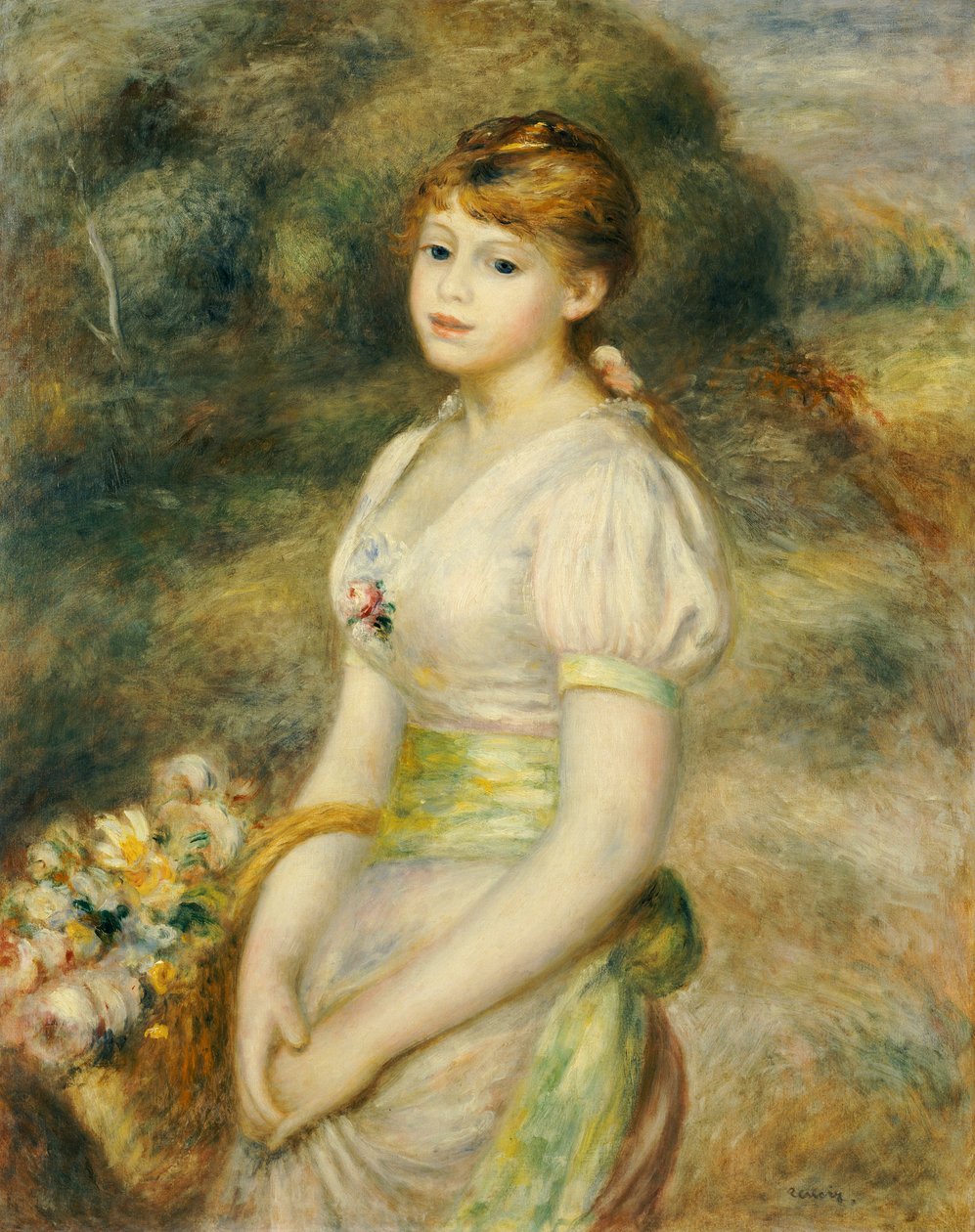Nuori tyttö kukkakorin kanssa (öljy kankaalle) tekijältä Pierre Auguste Renoir