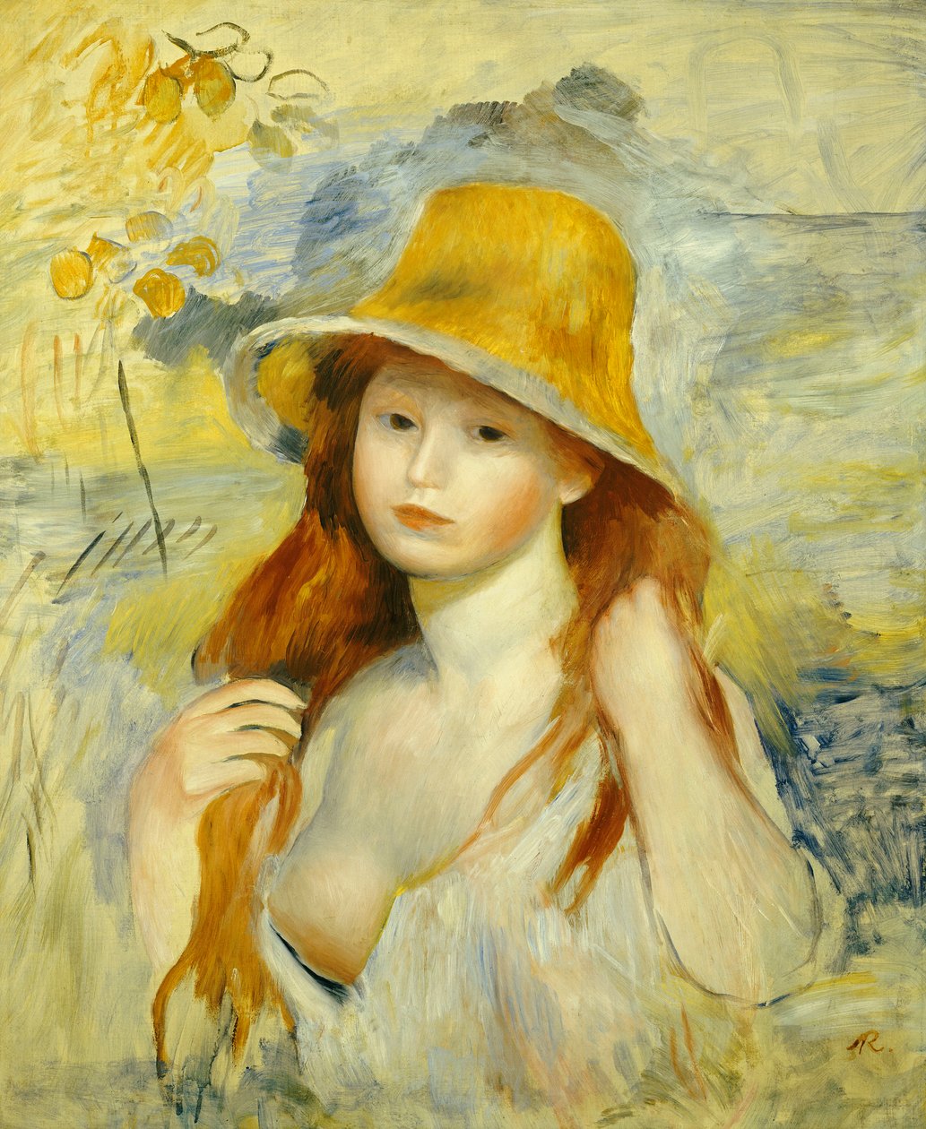Nuori tyttö olkihattu, 1884 tekijältä Pierre Auguste Renoir