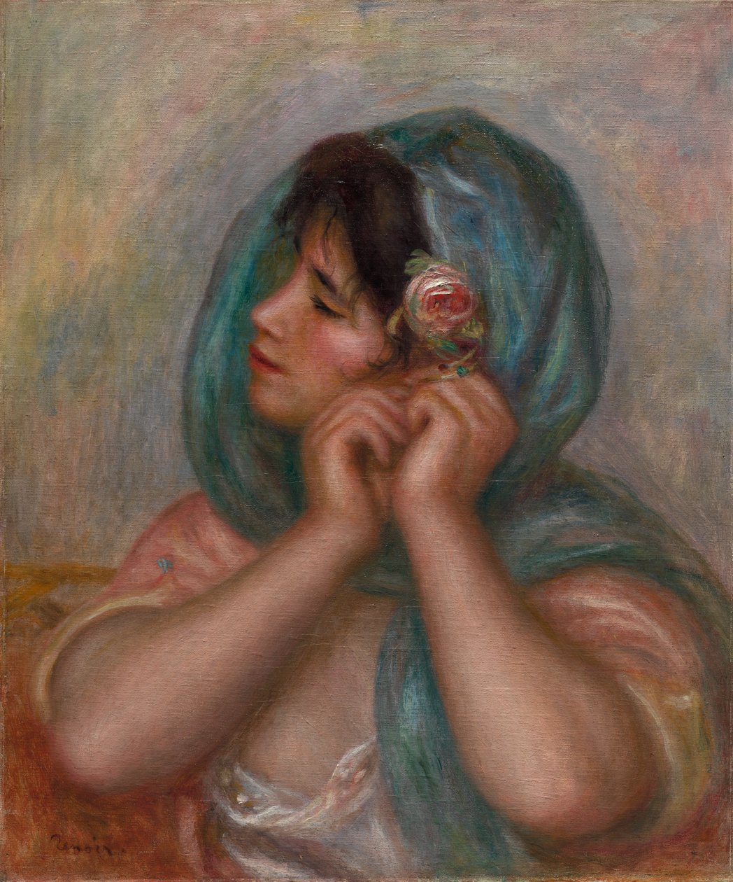Nuori nainen järjestämässä korvakoruaan tekijältä Pierre Auguste Renoir
