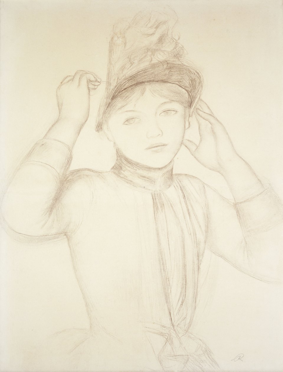 Nuori nainen järjestämässä hattuaan; Nuori tyttö järjestämässä hattuaan, n. 1885 tekijältä Pierre Auguste Renoir